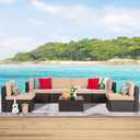 Shintenchi 7 Pieces Patio Furniture Sets Outdoor All-Weather Sectional Patio Sofa Set PE Rattan Manual Weaving Wicker Patio Conversation Set with Glass Table&Ottoman Cushion and Red Pillows, Beige