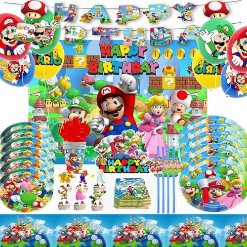 Super Bros Themed Party Decorations, Birthday Party Supplies Decorations Set-Plates Napkins Tablecloth Banners Fork etc for 10 Guests Kids Birthday (Set C)
