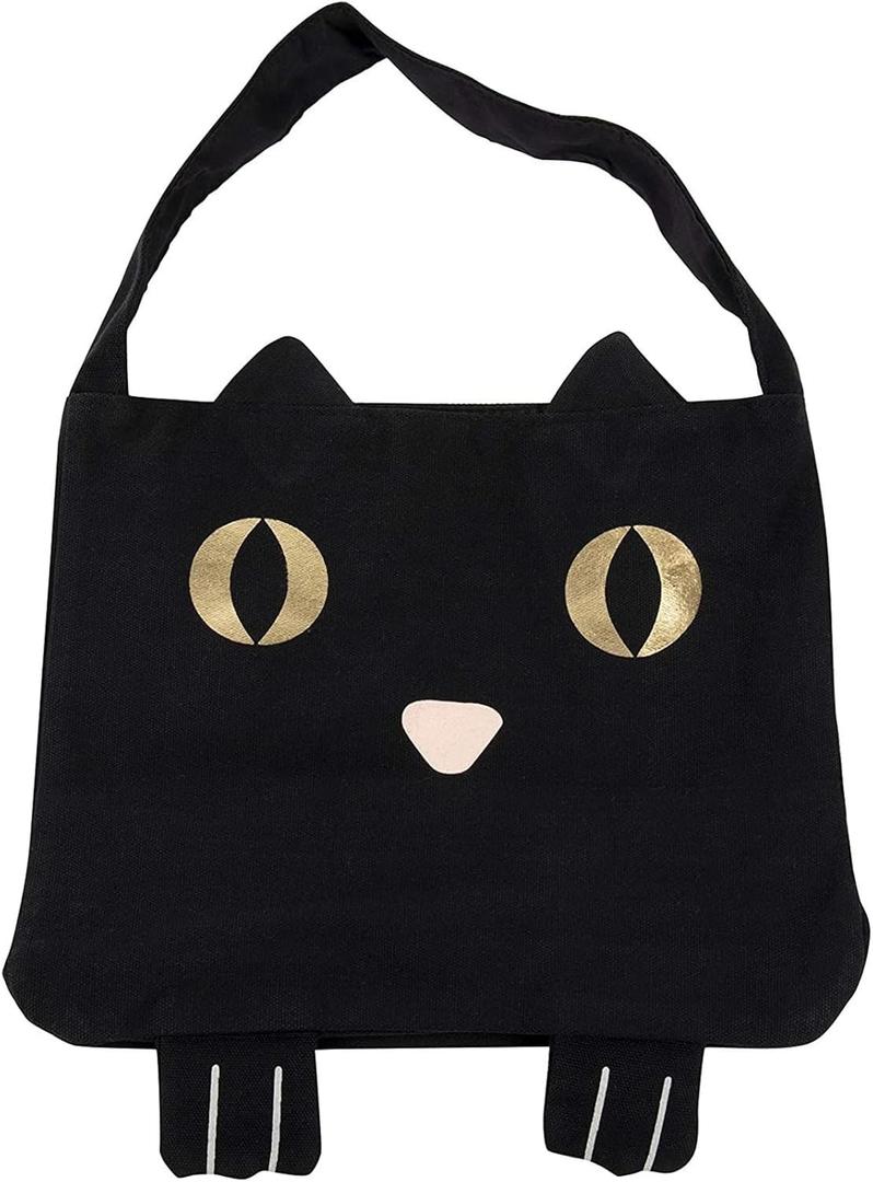 Juvale Black Cotton Cat Trick or Treat Bag with Gold Foil Eyes, Reusable for Kids, 11.25 x 15.5 in Canvas Tote for Halloween Parties