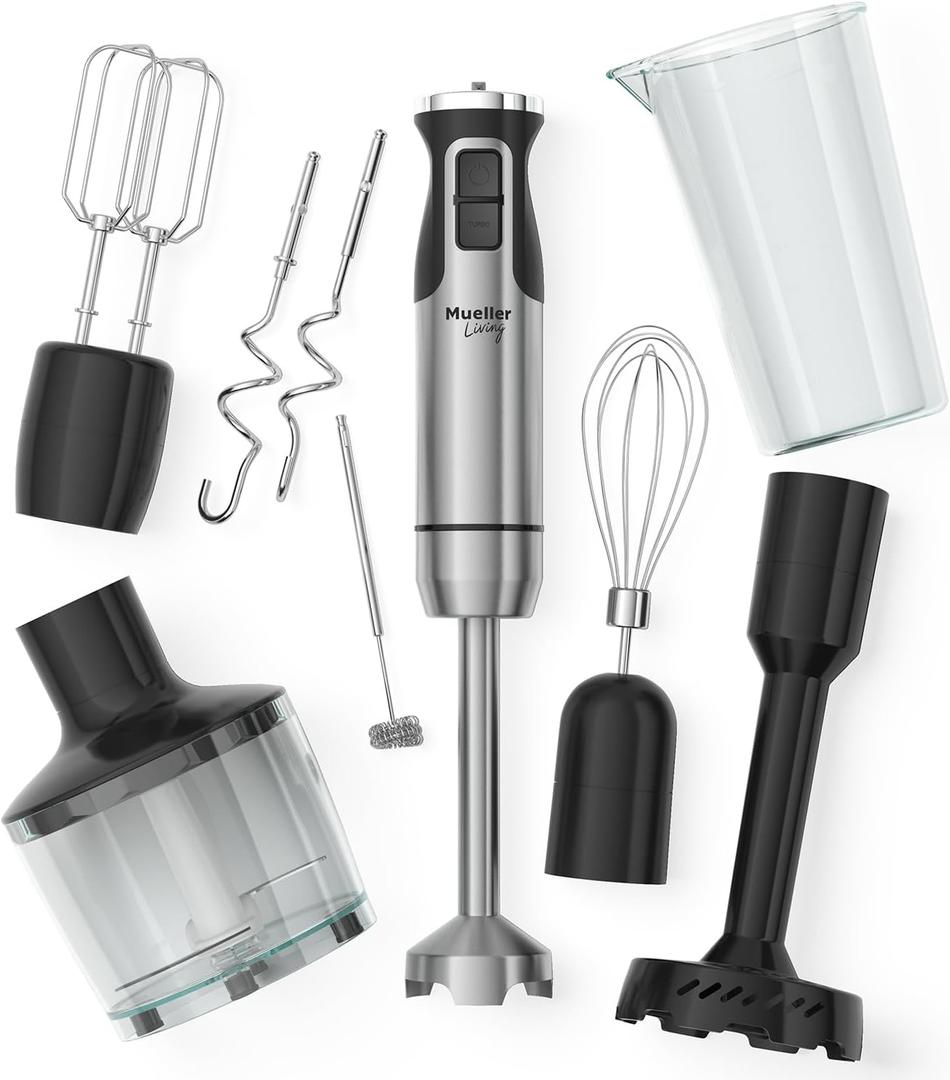 MuellerLiving Immersion Hand Blender Full Set - 8 Speed Immersion Blender, Hand Mixer with 7 Attachments: Stainless Steel Blade, Whisk, Milk Frother, Beater, Mixing Hooks, Potato Masher, Chopper Bowl