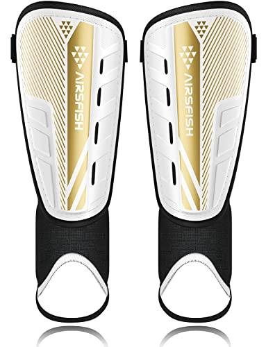 Upgraded Soccer Shin Guards for Kids Youth Adults, CE Certified AirsFish Shin Guard Sleeves Protection Gear for Boys Girls Soccer Games EVA Cushion Reduce Shocks and Injuries (Medium, White+Gold)