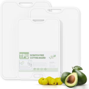 TPU Cutting Board for Kitchen, Safe Chopping Boards Set of 3, Non Slip Flexible Cutting Boards with Juice Groove, Knife Mark Resistant Chopping Mat, 2 Sided Cutting Mats, BPA Free, Dishwasher Safe (White-3 Pack)