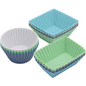 12-Pack Silicone Cupcake Liners, Reusable Muffin Cups Round, Square & Rectangle Baking Cups, Non-Stick, Easy to Clean, Bento Box Accessories, Lunch Box Dividers for Kids