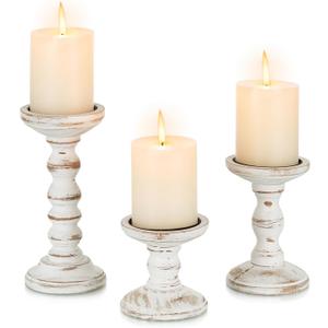 Wood Candle Holders for Pillar: Rustic Candles Holder Set of 3 Tall Table Centerpiece Decor Wooden White Farmhouse Decorations for Fireplace Mantle