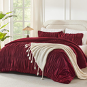 Ruched Burgundy Queen Comforter Set, Boho Ruffle Bedding 3 Pieces Shabby Chic Bed Set for Girls, Kids, Women, Lightweight Soft Pleatd Comforter, All Season (Size: Queen (90"x90"))