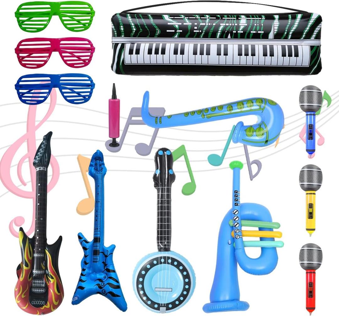 Inflatable Rock Star Toy Set, 12 Pack Inflatable Instruments, 80s 90s Party Decorations Inflatable Guitar, Party Props Musical Instrument Blow up Guitar for Rock and Roll Party Photo Booth Props