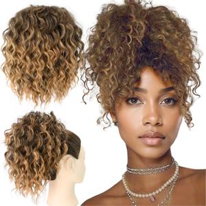 Loose Wave Curly Yaki Hair Drawstring Ponytail Extension for Women Mix Golden and Black 8inch Short Afro Curly Hair Bun Synthetic Curly Messy Bun Hair Piece for Daily Use(T27) (T27 Mix Golden and Black)