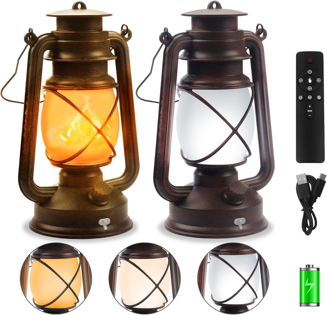 2 Pack Bronze Vintage 4 Modes Light LED LanternsRechargeable Dancing Flame Lanterns Decorative Outdoor&Indoor, Remote Control Waterproof Hanging Lights for Camping, Patio Garden Pathway