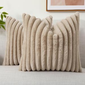 decorUhome Faux Fur Throw Pillow Covers 18x18 Set of 2, Decorative Soft Plush Striped Couch Pillow Covers with Velvet Back for Sofa, Bed, Living Room, Khaki