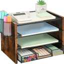 OPNCIE Desk Organizer and Accessories, 4-Tier Paper Letter Tray File Organizer with Drawer & 2 Pen Holder, Office Desk Accessories Workspace Desktop Organizer for Office Supplies(Brown) (13.2" x 9.8" x 9.8")