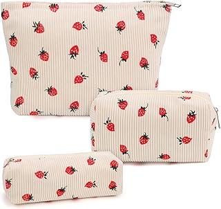 3 Pcs Makeup Bag Cosmetic Bag Set for Girls Women Travel Organizer Bathroom Toiletry Pouch Large Capacity Storage Bag (Strawberry Pink)