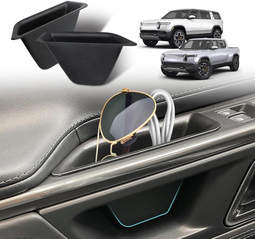 BestEvMod for Rivian R1T R1S Front Door Side Insert Storage Box, Front Inner Door Handle Organizer Set of 2 with PVC Trim Compatible with Rivian R1T R1S 2022 2023 2024 Accessories