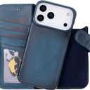 VENOULT Leather Wallet Case for iPhone 17 Pro Max, Full Grain Genuine Leather, Magnetic Detachable, 4 Card Holder, Buesiness Style, Compatible with MagSafe, RFID, Handmade (Admiral Blue)