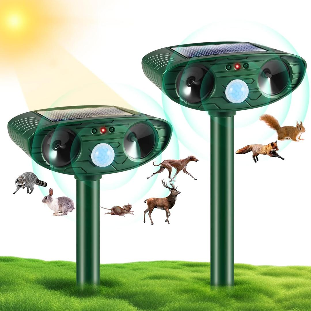 2 Pack 2025 Solar Ultrasonic Animal Repellent Outdoor Sonic Fortress Pro Deer Repellent Motion Detection,Waterproof Cat Squirrel Mouse Raccoon Dog Rabbit Deterrent for Garden Yard