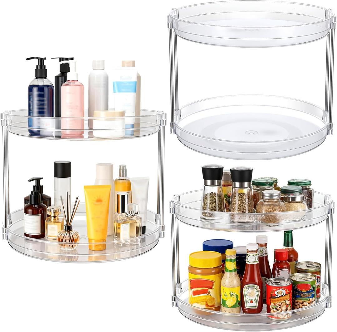 3 Pack 2 Tier Turntable Organizer, 9.6 Inch Clear Rotating Spice Rack for Cabinet, Kitchen, Pantry & Bathroom Countertop, Stackable Rotating Organizer for Medicine, Makeup & Condiments