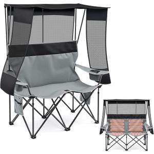 Teenyyou Double Camping Chair with Canopy Shade, 660lbs Folding Beach Loveseat with Padded Seat and Cup Holders, 4-Zone Heated Outdoor Chair for Beach Camp, Use 5v/3a Power Bank(Black and Grey), 11.02 x 36.22 x 8.07 inches