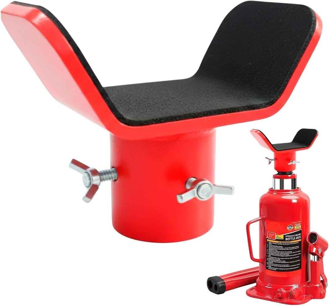 Adjustable Bottle Jack Adapter with Triple-Lock, Secure Wobble-Free Fit for 2T-12T Bottle Jacks, Heavy Duty 1/4" Steel Saddle for 3" & 4" Axle Tubes on RV, Truck, Trailer (Red (1.65IN))