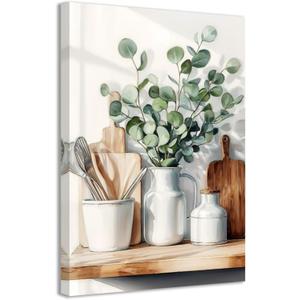 CCWACPP Kitchen Canvas Wall Art Painting Green Plants Canvas Prints Botanical Pictures Framed Rustic Vintage Farmhouse Home Kitchen Dining Pantry Decor Size: 12"L x 18"W