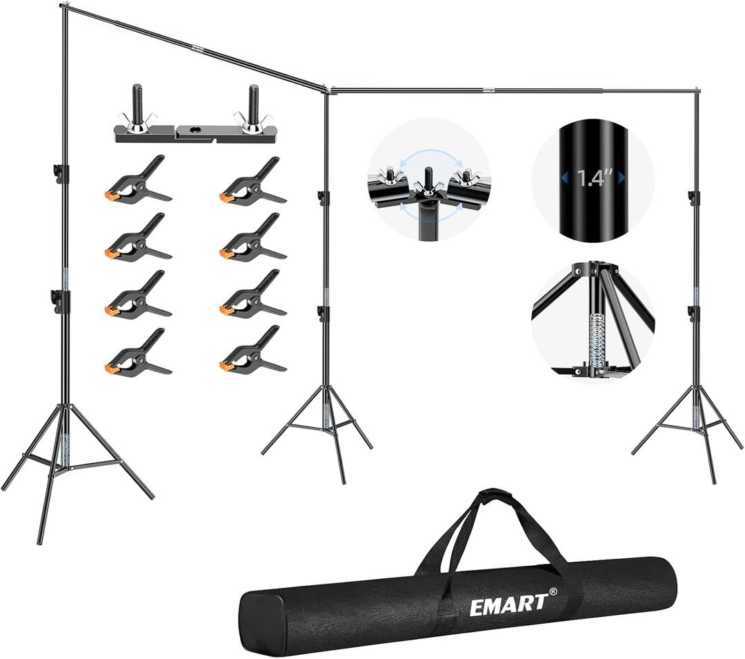 EMART Back Drop Adjustable Stand, 10x20 Backdrop Stand Heavy Duty Photography Background Support System Kit with 300 Angle Rotatable Connector and 8 Spring Clamps for Parties, Wedding, Photo Studio (2010ft(WH, Black)