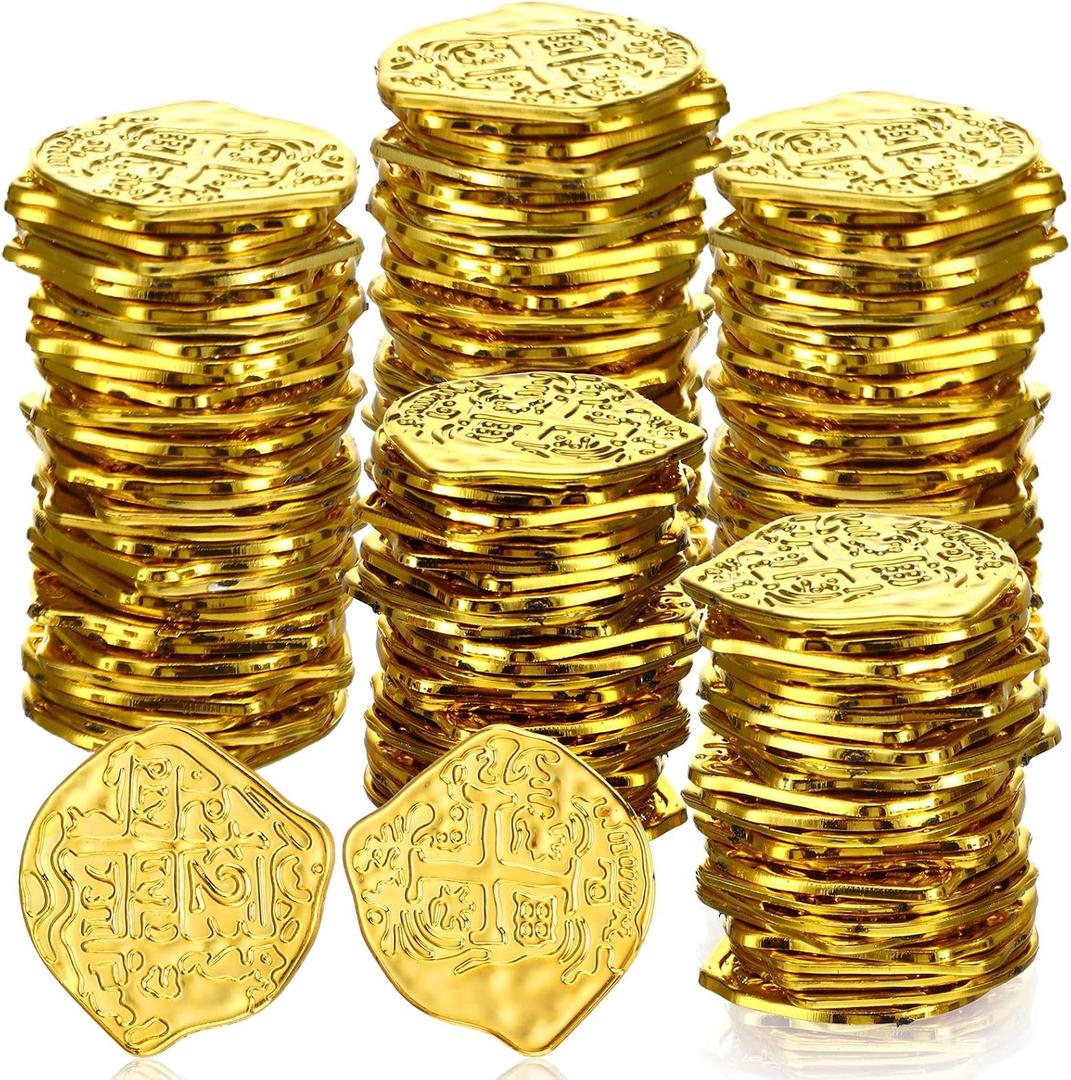 Hanaive 100 Pcs Pirate Coins Plastic Fake Play Coins Replica Spanish Doubloons for Pirate Party Treasure Chest Board Tokens Cosplay St. Patrick's (Gold, Classic)