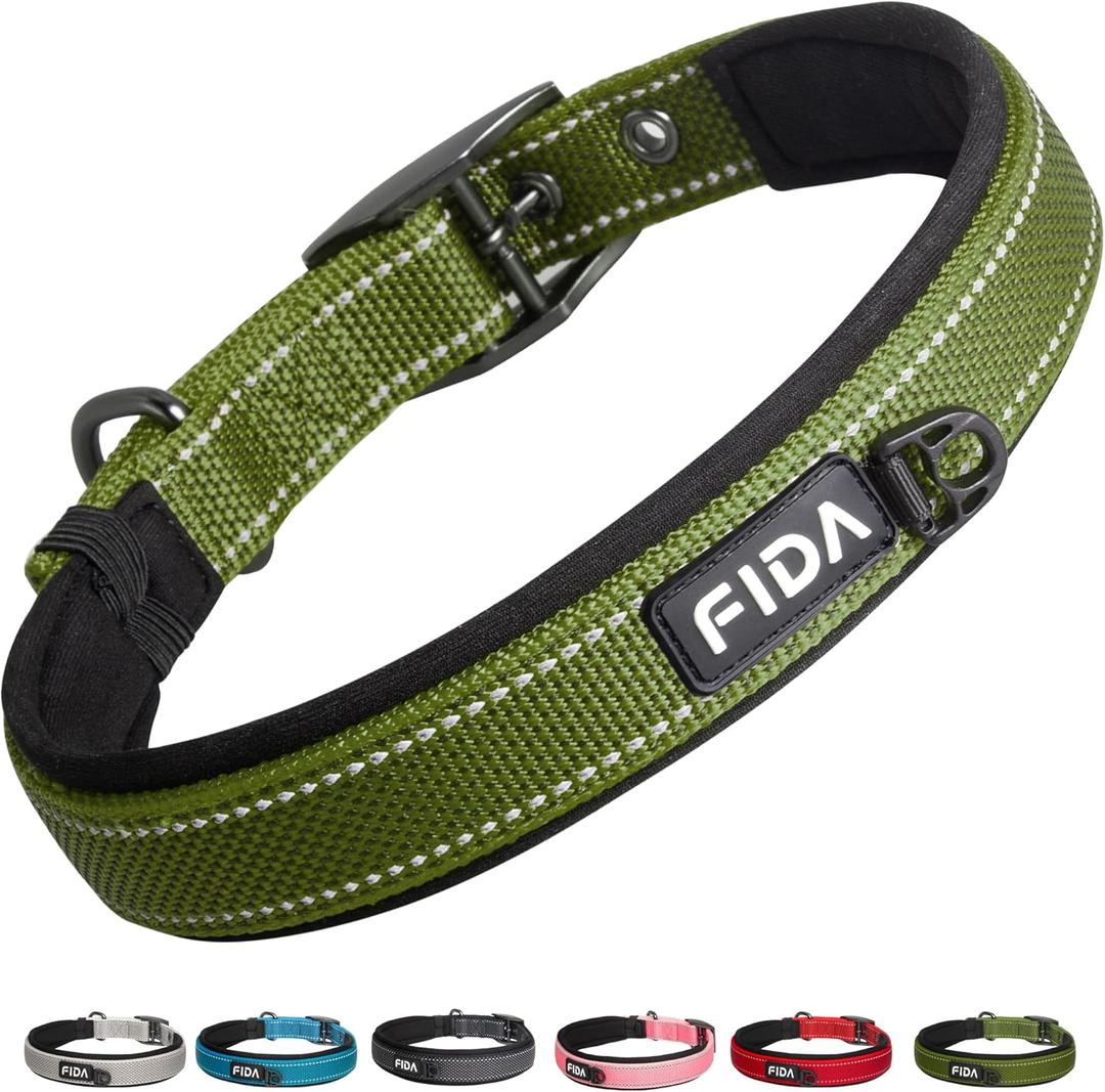 Fida Heavy Duty Dog Collar for Medium Dogs, Ultra Comfortable Soft Neoprene Padded, Adjustable Reflective Nylon Pet Collar with Durable Metal Belt Buckle for Medium Breeds (M, Green) (Medium(14.5"-19"))