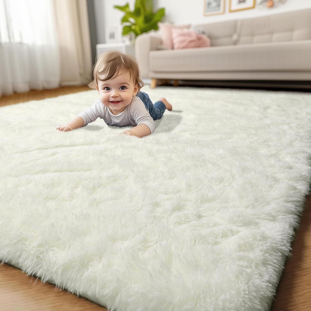 Amdrebio Ivory Rugs for Living Room Bedroom, 6x9 Soft Fluffy Area Rug for Kids Nursery, Furry Fuzzy Plush Shaggy Cream White Carpet for Classroom Playroom Home Decor, Cute Modern Thick Neutral Rug