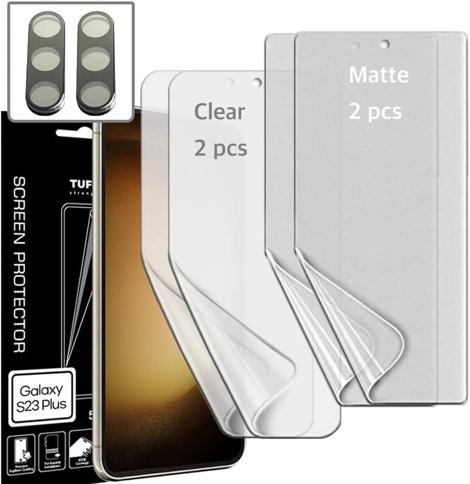 [2SET 6PCS] (2 Self Healing(clear) TPU film + 2 Anti-glare(matte) TPU film + 2 Lens Protector) compatible with Samsung Galaxy S23 Plus 5G 2023 Easy to Install TPU Film screen protector Scratch Resistant [Perfect Fit for 3D edge Screen] For Samsung Galaxy S23+ 5G 2023 TUFF STONE Screen Protector