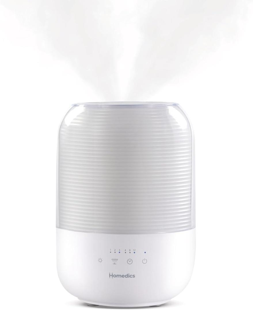 Homedics Ultrasonic Cool Mist Humidifier, Top-Fill 3L Water Tank, Covers 395 sq. ft, 35-Hour Runtime, 3 Mist Settings, Clean Tank Tech, Auto-Off, Night Light, Quiet, White 