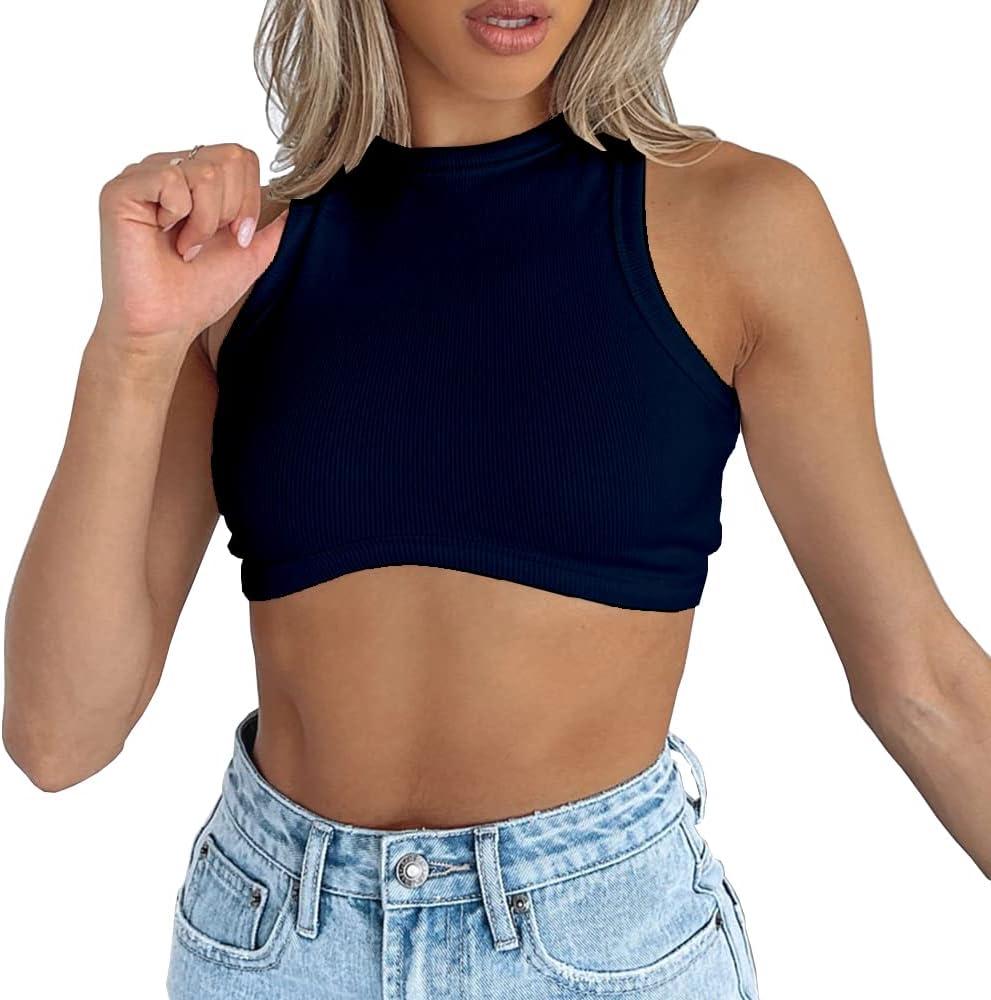 Abardsion Women's Crew Neck Racerback Knit Ribbed Basic Sleeveless Crop Tank Tops (Medium, Navy Blue)