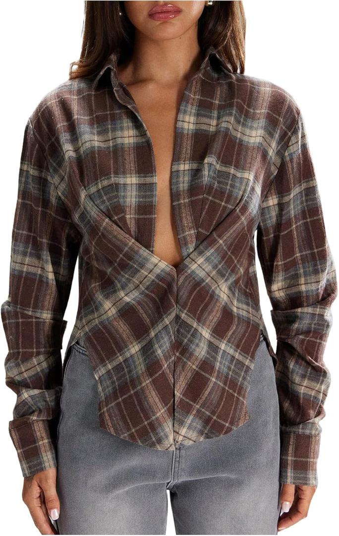GORGLITTER Women's Plaid Cinched Waist Tops Collared Long Sleeve Shirt Fitted Checkered V Neck Causal Work Blouses (Large, Blue and Brown)