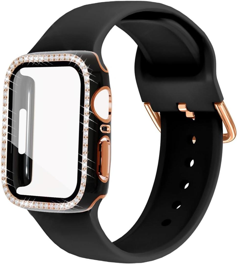 Compatible with Apple Watch Band and Case 38mm 40mm 41mm 42mm 44mm 45mm Women, Soft Silicone Bands and Bling Diamond Case & Glass Screen Protector for iWatch Series 9 8 7 6 5 4 3 2 1 and SE (Black)