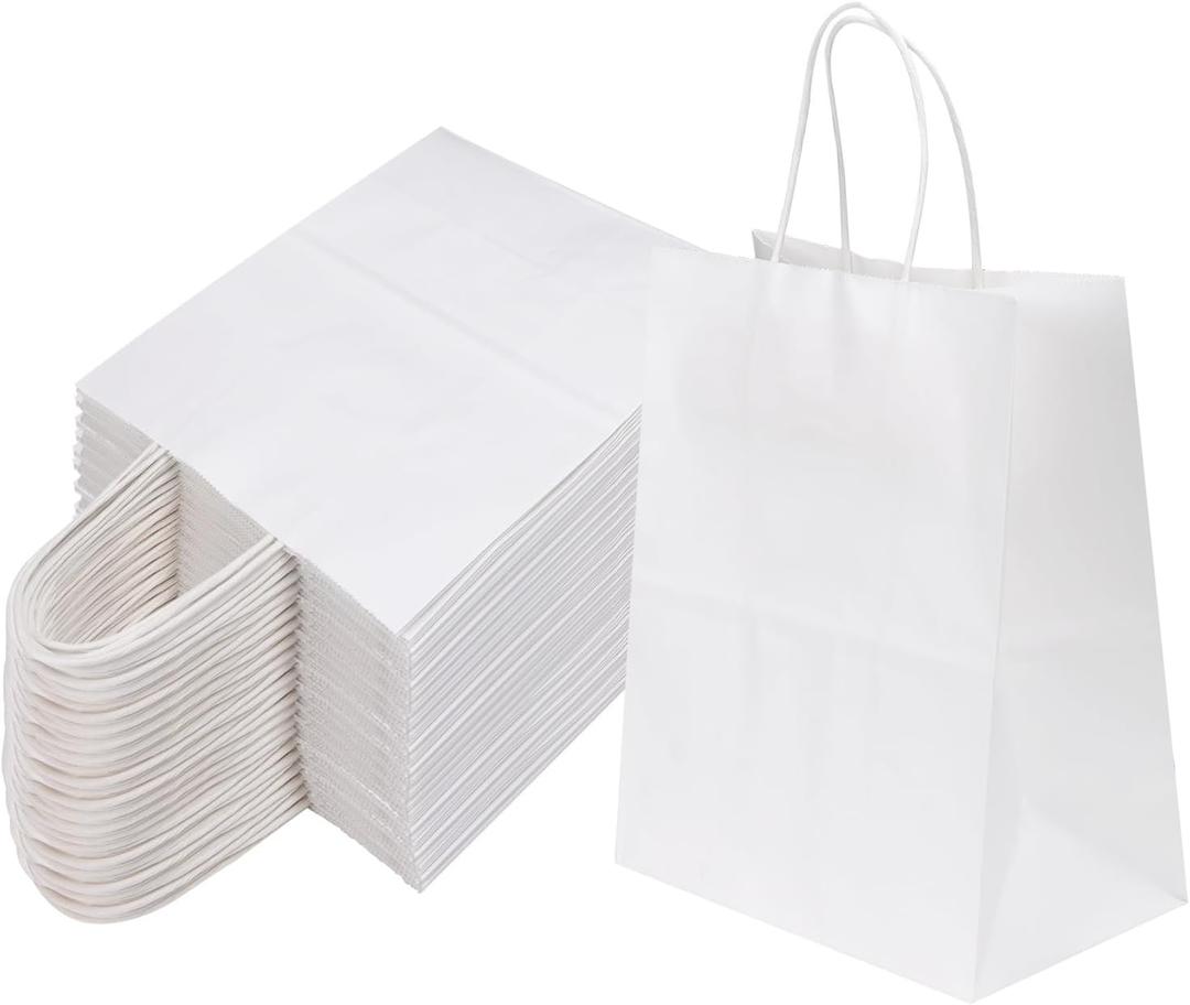 Joybe 100 Pack 8x4.75x10 Inch Medium White Kraft Paper Bags with Handles Bulk, Craft Paper Gift Bags for Party Favors Grocery Retail Shopping Business Goody Merchandise Take Out Blank Sacks (100pcs)