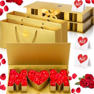 Ctosree 2 Sets Mother's Day Mom Flower Gift Box with 18'' x 7.7'' x 2.7'' Empty MOM Letter Shaped Box Gift Bags Greeting Cards for Mother's Day Birthday Flower and Arrangements (Gold)