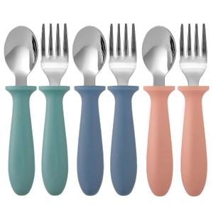 Pimoys 6 Pieces Toddler Utensils, Kids Silverware Set with Plastic Handle Stainless Steel Children Forks and Spoons, Dishwasher Safe (navy blue/green/pink)