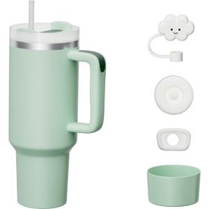 KISSKIND - Vaso de 40 onzas con tapa a prueba de fugas con pajilla, asa y funda de silicona, taza de caf para viajes, botella de agua de acero inoxidable, vaso aislado para bebidas fras y calientes