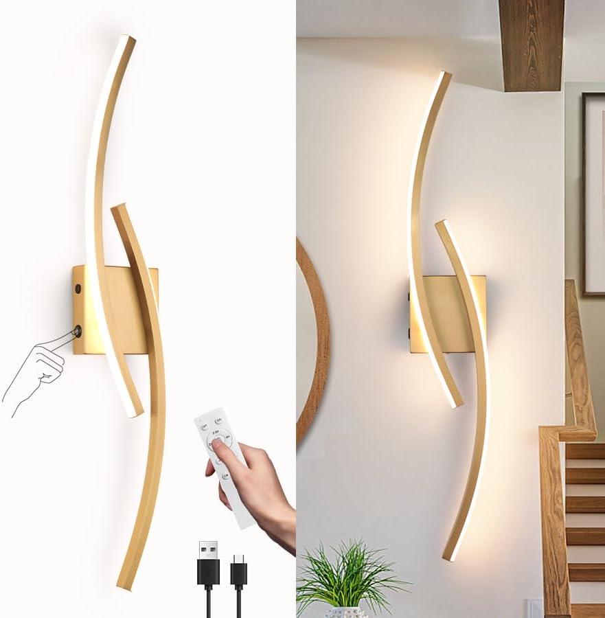 Battery Operated Wall Sconce,Gold Wall Sconces with Remote Control,3000K-6000K Modern LED Wireless Wall Light for Living Room, Hallway, Bedroom, 39.3 Inch (Rechargeable)