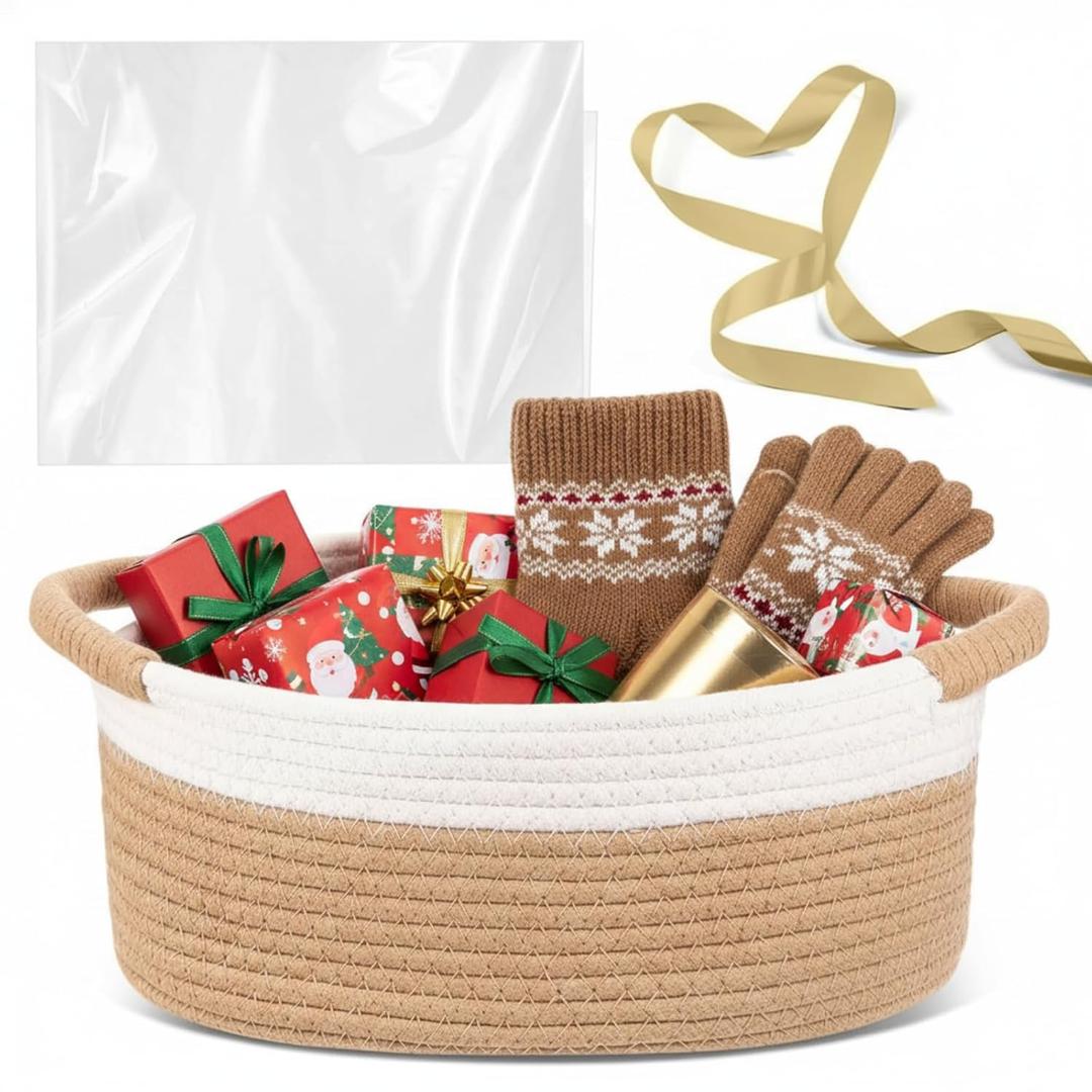 Christmas Woven Gift Basket with Gift Bags and Ribbons 12"x8"x5" Empty Cotton Rope Storage Basket for Birthdays, Baby Showers, Wedding DIY Presents(White, Coffee)