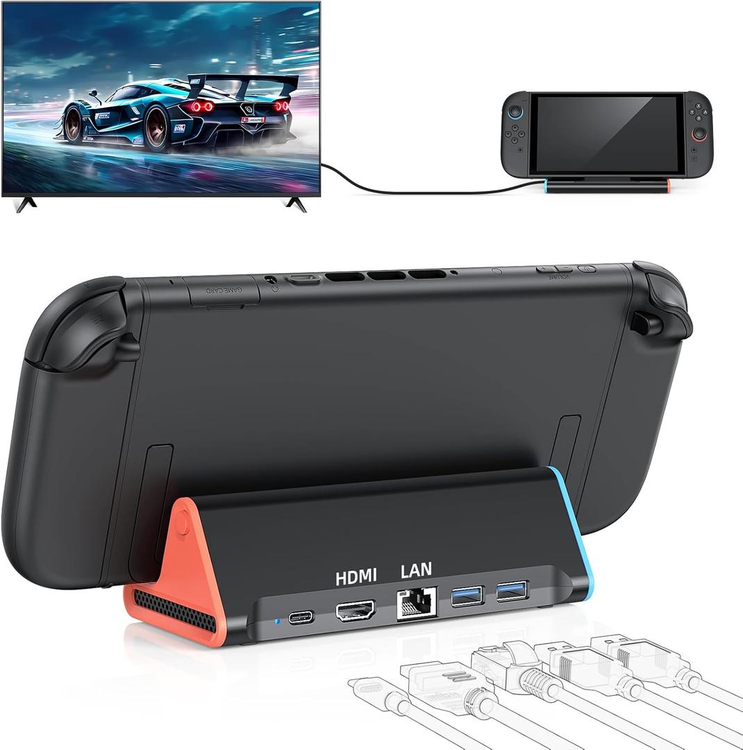 Switch 2 Portable Dock - [5-in-1] TV Docking Station Replacement: 4K@60Hz HDMI, Gigabit LAN, 100W PD Dock Adapter, 25Gbps USB-A, Compact for Nintendo Switch 2 Travel/TV/Charging (Official-Size 1/2)