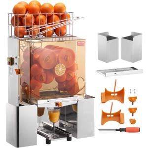 VEVOR Commercial Orange Juicer Machine, 120W Automatic Juice Extractor, Stainless Steel Orange Squeezer for 20 Oranges Per Minute, with Pull-Out Filter Box, PC Cover, 2 Peel Collecting Buckets (120W-Countertop without Water Tap, Silver)