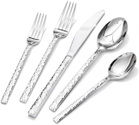 KINGSTONE 60 Piece Hammered Silverware Set, 18/10 Stainless Steel Flatware Set for 12, Cutlery Set for Home, Party, Wedding, Mirror Polished Dishwasher Safe