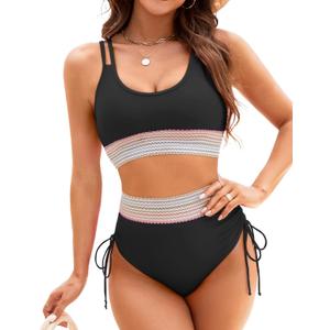 High Waisted Bikini Sets for Women Sporty Color Block Two Piece Bathing Suit Tummy Control Swimsuits Scoop Neck (Black, S)