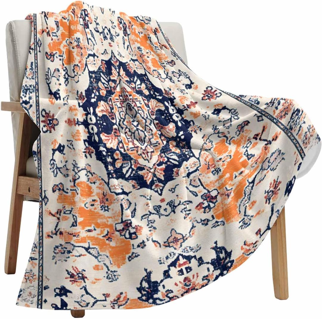 Bohemian Orange Retro Ethnic Style Throw Blanket Warm Cozy Blankets,Lightweight Soft Blanket for Couch Sofa Bed Outdoor, Seamless Splicing Blankets for Women Girl Boy All Season Travel 60x80in