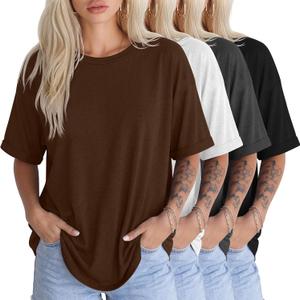4 Pack Womens Oversized T Shirts Summer Casual Roll Up Short Sleeve Tops Crew Neck Loose Fit Basic Tee Clothes (White, L)