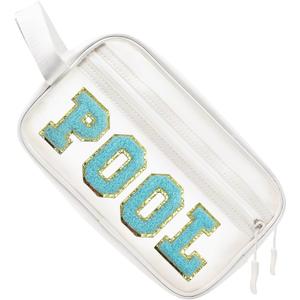 COSHAYSOO Clear POOL Makeup Bag Small Travel Pouch for Women Teenager Girls Pool Accessories Stuff Organizer Preppy Chenille Letter Patch Summer Girly Things