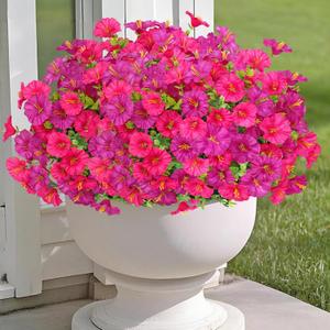 UXORSN Artificial Fuchsia Petunias Flowers for Outdoors Decoration 9 Bundles Faux Colorful Silk Morning Glory Eucalyptus Plants UV Resistant Fake Greenery Plants for Outside Garden Porch Decor