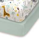 Pack and Play Sheets Fitted, Soft Green+Giraff, Breathable and Cozy, Hypoallergenic, 2 Pack for Boys and Girls (Sage Safari)