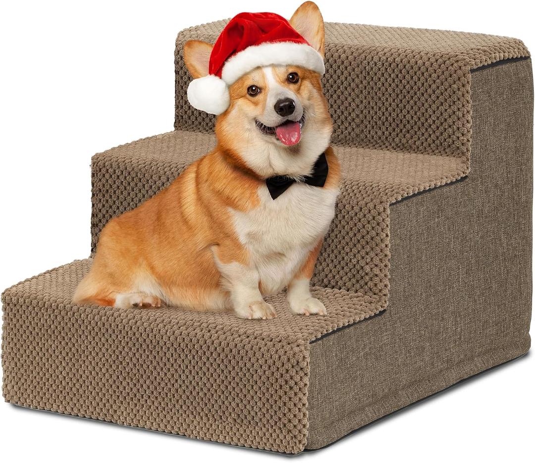 YITAHOME Dog Stairs for High Bed and Couch, Premium Foam Dog Steps for Small Dogs, Older Pets, Non-Slip Pet Stairs with High-Strength Boards, Removable Washable Cover, 3 Tiers Brown (3 steps)