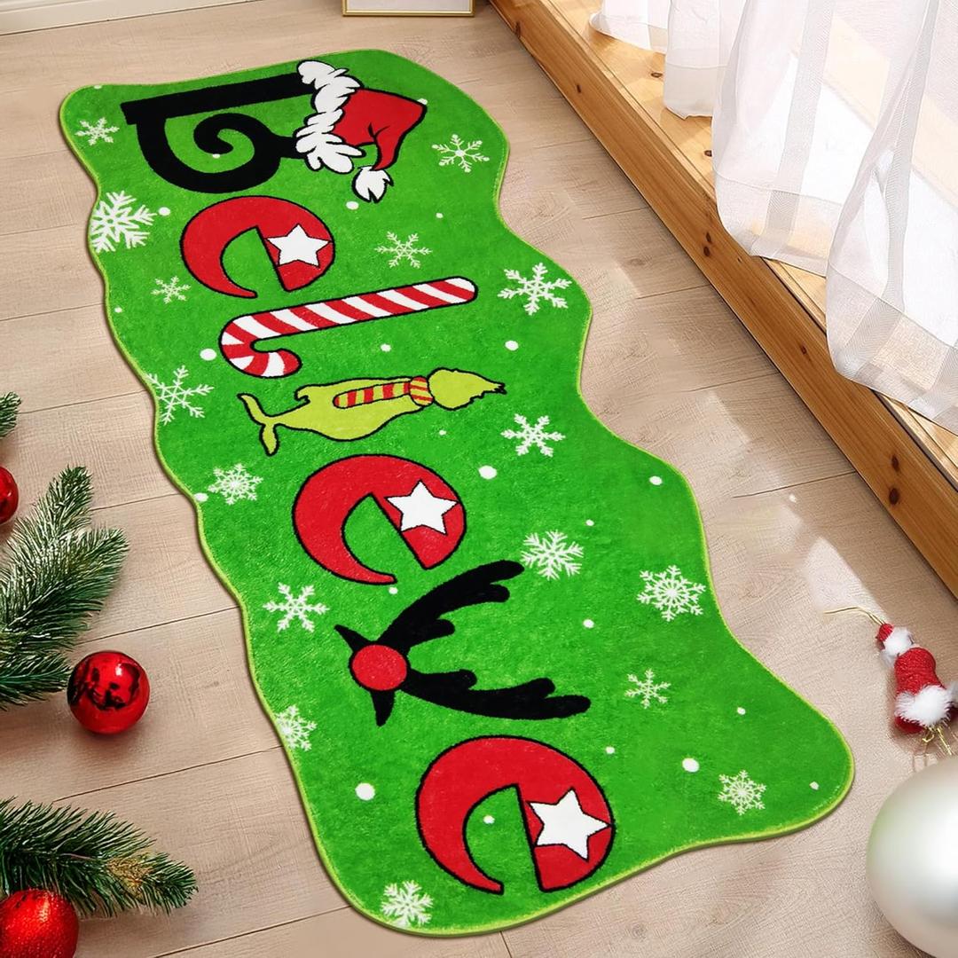 Christmas Believe Bathroom Rug  47" x 19" Green Extra-Long Non-Slip for Bathroom Kitchen Rug Soft Absorbent Bath Tub Mat Room