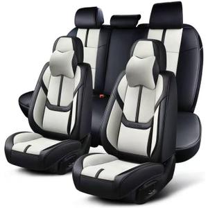 Auto Car Seat Covers Accessories Full Set Leather Cushion Protector Breathable Waterproof Seat Cover for Cars Universal Fit (Black&White, Front Pair and Rear)