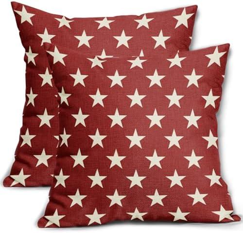 4th of July Patriotic Pillow Covers 18x18 Set of 2 Red Star Americana Independence Day Outdoor Decorative Throw Pillow Cases Farmhouse Decor for Sofa Couch Bed Fourth July Holiday Decorations